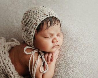 Cream Tweed Classic Bonnet, Newborn Baby Hat, hand knit oatmeal beige neutral photography prop baby cap