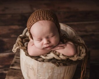 Caramel Classic Bonnet, Newborn Baby Hat, hand knit brown neutral photography prop baby cap