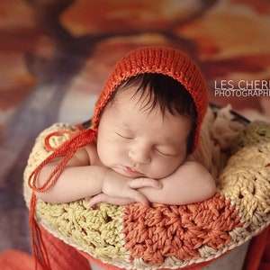 Orange Classic Bonnet, Newborn Baby Hat, hand knit photography prop baby cap