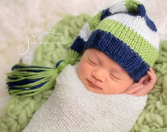 Striped Newborn Tassel Hat, Sleepy Stocking Cap, long tail navy blue green white newborn baby photography prop
