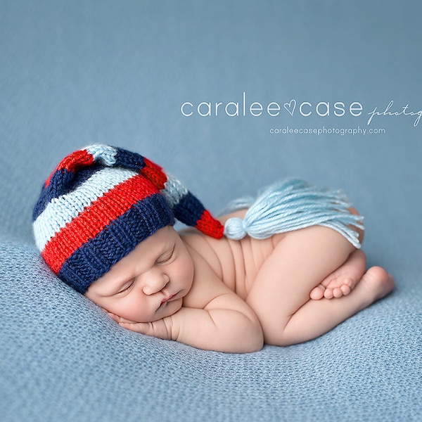 Striped Newborn Tassel Hat, Sleepy Stocking Cap, long tail navy blue red newborn baby photography prop