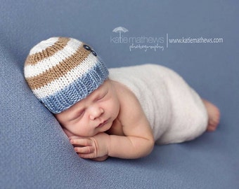 Perfect Fit Newborn Beanie, Striped Baby Hat, neutral blue white tan stripes gray buttons, hand knit newborn photography prop
