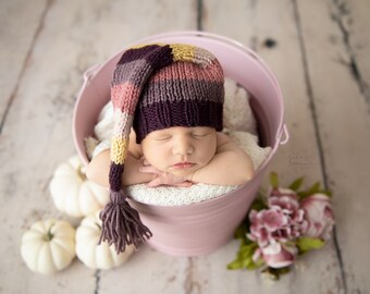 Striped Newborn Tassel Hat, Sleepy Baby Stocking Cap, long tail eggplant purple mauve rose mustard newborn baby girl photography prop