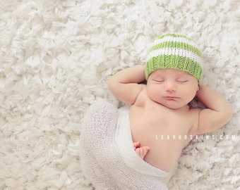 Perfect Fit Newborn Beanie, Striped Baby Hat, green and white stripes, hand knit newborn photography prop