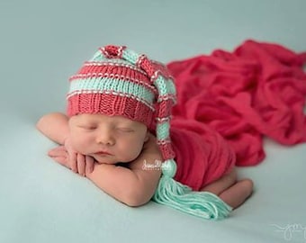 Newborn Bumpy Tassel Hat, Striped Sleepy Baby Stocking Cap, coral pink mint girl photography prop knit elf