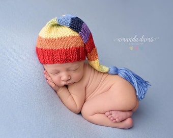 Rainbow Tassel Stocking Hat rainbow baby girl boy newborn long tail hat