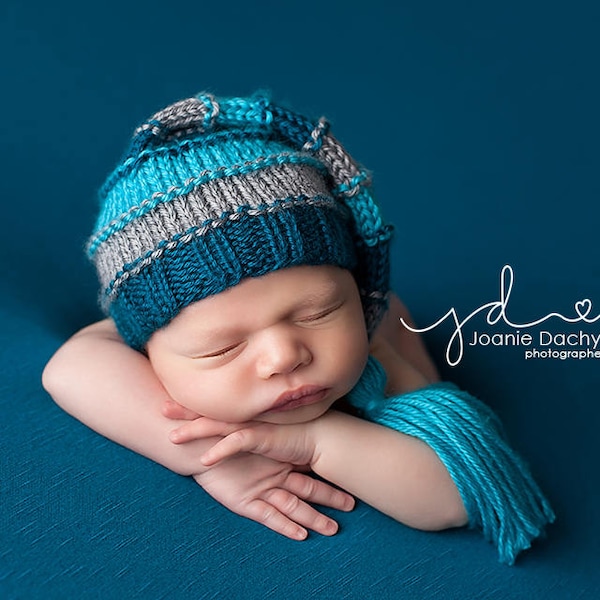 Newborn Bumpy Tassel Hat, Striped Sleepy Baby Stocking Cap, long tail aqua turquoise teal gray grey baby photography prop