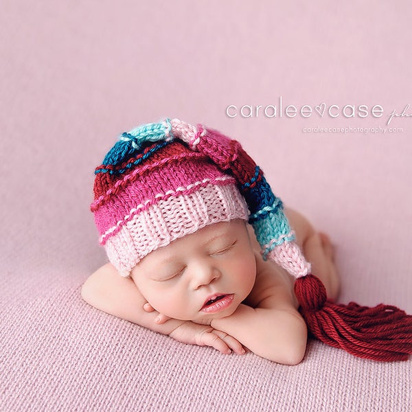 Newborn Bumpy Tassel Hat, Striped Baby Stocking Cap, long tail pink mint teal aqua raspberry red bright newborn baby girl photography prop
