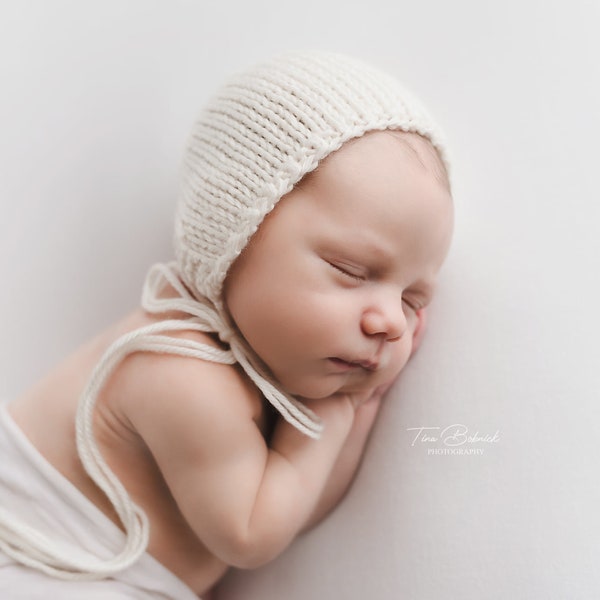 Cream Classic Bonnet, Newborn Baby Hat, hand knit off white boy girl gender neutral soft photography prop baby cap