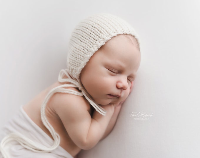 Hand Knit Newborn Bonnet: Cream Baby Cap, Photography Prop