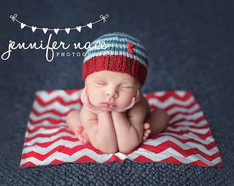 Perfect Fit Newborn Beanie, Striped Baby Hat, red blue with buttons, hand knit newborn photography prop