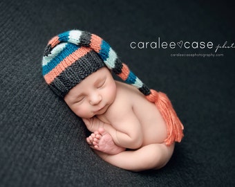 Striped Newborn Tassel Hat, Sleepy Stocking Cap, long tail charcoal gray orange aqua teal mint newborn baby photography prop