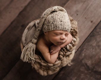 Cream Tweed Newborn Tassel Hat, Sleepy Baby Stocking Cap, long tail elf cream oatmeal beige natural gender neutral newborn photography prop