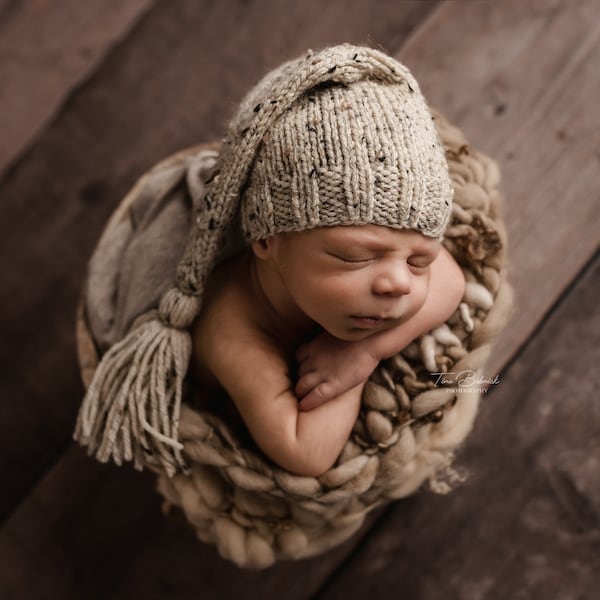 Cream Tweed Newborn Tassel Hat, Sleepy Baby Stocking Cap, long tail elf cream oatmeal beige natural gender neutral newborn photography prop