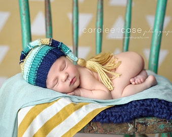 Newborn Bumpy Tassel Hat, Striped Sleepy Baby Stocking Cap, long tail navy teal aqua mint mustard yellow newborn photography prop