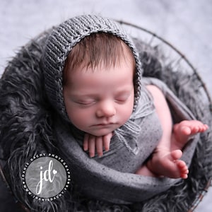 Gray Classic Bonnet, Newborn Baby Hat, hand knit grey gender neutral boy girl photography prop baby cap
