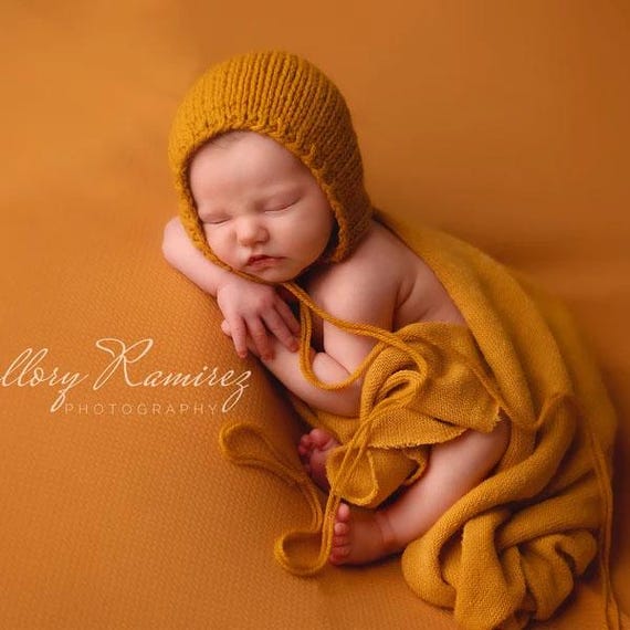 Honey Classic Bonnet, Newborn Baby Hat, Hand Knit Golden Yellow