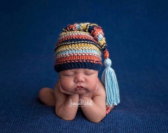 Newborn Bumpy Tassel Hat, Striped Sleepy Baby Stocking Cap, navy orange light blue mustard yellow baby photography prop
