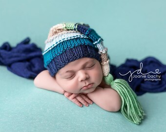 Newborn Bumpy Tassel Hat, Striped Sleepy Baby Stocking Cap, long tail navy aqua teal blue sage green baby boy photography prop