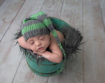 Striped Newborn Stocking Hat, Sleepy Cap, braided tail gray grey sage green baby elf hat