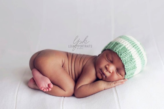Perfect Fit Newborn Beanie, Striped Baby Hat, sage green cream off-white stripe, neutral hand knit newborn photography prop coming home gift