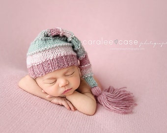 Newborn Bumpy Tassel Hat, Striped Sleepy Stocking Cap, long tail pink rose blue gray pastel newborn baby girl