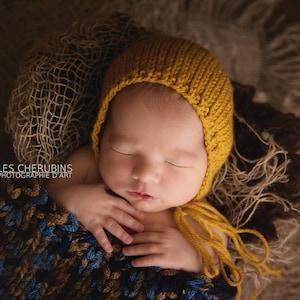 Mustard Classic Bonnet, Newborn Baby Hat, hand knit yellow gold photography prop baby cap