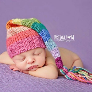 Rainbow Baby Newborn Tassel Hat, Striped Sleepy Stocking Cap, long tail colorful bright rainbow newborn baby photography prop