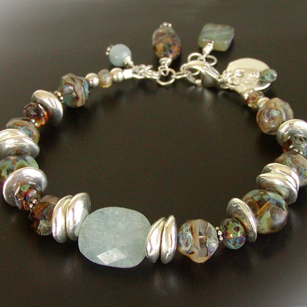 Rustic Aquamarine Bracelet - Czech Glass Jewelry, Sterling Silver