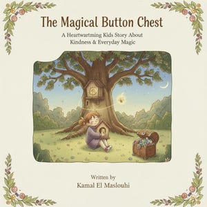 Puede incluir: Ilustración del libro infantil "The Magical Button Chest". Una persona joven está sentada cerca de un árbol, sosteniendo una pequeña casa. Un cofre del tesoro lleno de botones está cerca. Se muestran el título y el autor del libro.