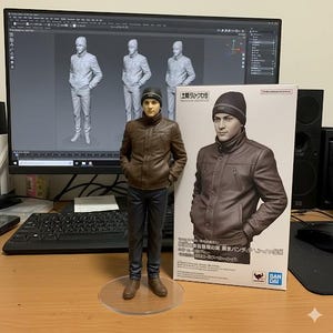 May include: A detailed figurine of a man wearing a brown leather jacket, dark pants, and a beanie. The figure stands on a clear circular base. A box with the same image is next to the figure. A computer screen displays a 3D model of the figure.