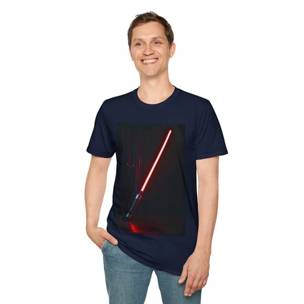 Red Luminous Sword T-Shirt: Glow-in-the-Dark Blade Graphic Tee | Unique Illuminated Apparel. Unisex Softstyle T-Shirt.