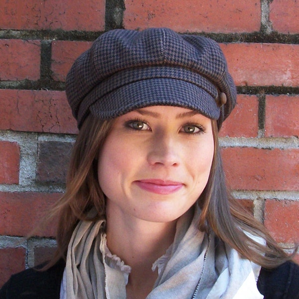 Hannah Womens Hat - Newsboy Cap - Brown and Black Cotton Houndstooth