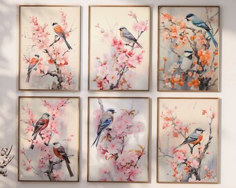 Japanese Style Birds Watercolor Painting, Watercolor Paintings 6 Digital Download Print