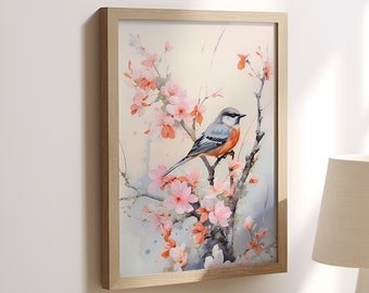 Japanese Style Birds Watercolor Painting, Watercolor Paintings 1 Digital Download Print