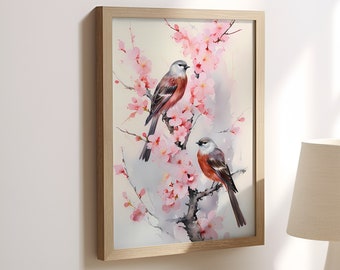 Japanese Style Birds Watercolor Painting, Watercolor Paintings 1 Digital Download Print