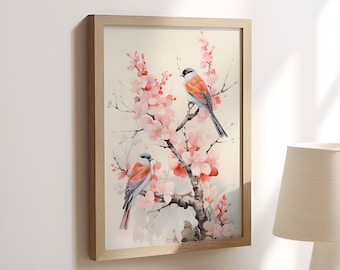 Japanese Style Birds Watercolor Painting, Watercolor Paintings 1 Digital Download Print