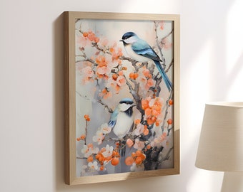 Japanese Style Birds Watercolor Painting, Watercolor Paintings 1 Digital Download Print