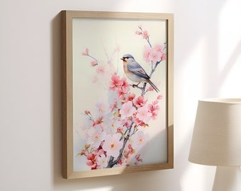 Japanese Style Birds Watercolor Painting, Watercolor Paintings 1 Digital Download Print