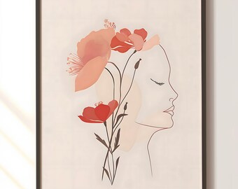 Abstract Line Face, Line Art Woman, Neutral Colors Wall Art, Minimal Wall Decor, Boho Printable Art, Pink Art Print, Woman and Flowers DL 1