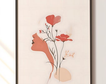 Abstract Line Face, Line Art Woman, Neutral Colors Wall Art, Minimal Wall Decor, Boho Printable Art, Pink Art Print, Woman and Flowers DL 1