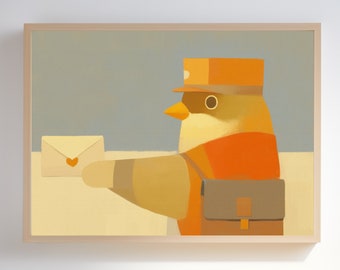 adorable postal bird cartoon, printable, digital download, wall decor, nursery decor, home decor, printable