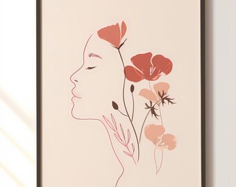 Abstract Line Face, Line Art Woman, Neutral Colors Wall Art, Minimal Wall Decor, Boho Printable Art, Pink Art Print, Woman and Flowers DL 1