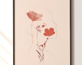 Abstract Line Face, Line Art Woman, Neutral Colors Wall Art, Minimal Wall Decor, Boho Printable Art, Pink Art Print, Woman and Flowers DL 1
