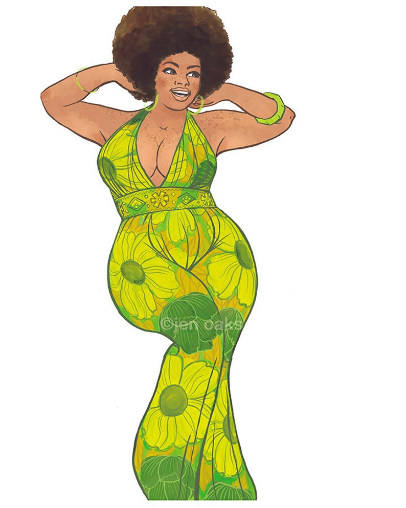 Green Flowered Curvy Pinup - 8x10 archival pinup print / Black Babe body po...