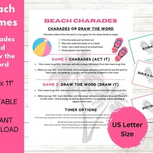 Beach Charades, 2 summer games, Draw It and Act It | pool party, family fun, camp games, printable game, game pack