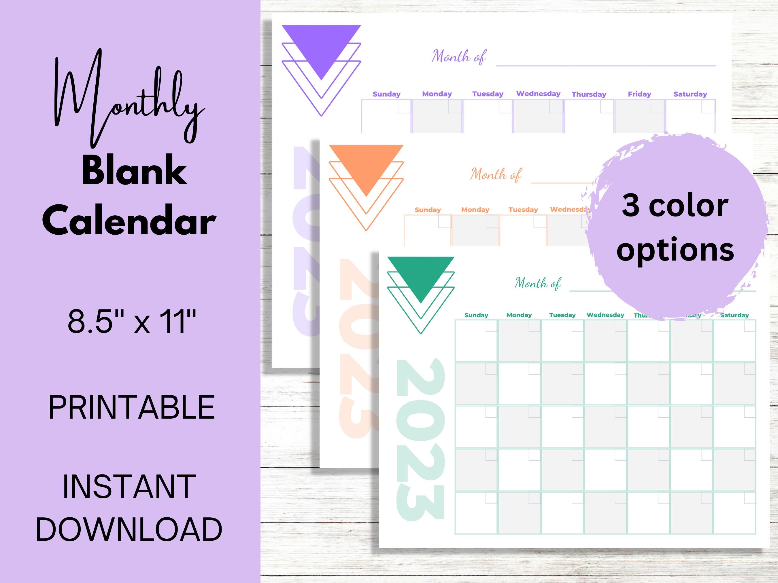 2023 Printable Blank Calendar | Monthly Planner Calendar | 3 Colors