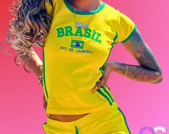 Y2K Brasil Crop Top Baby Tee - Soccer Baby Tee, 90s 2000s Aesthetic, Brasil Shirt, Brasil Top, Brazil Baby Tee, Brazil Crop Top,Brasil Crop