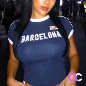 Y2K Barcelona Crop Top Baby Tee - Soccer Baby Tee, 2000s Clothing, Spain Baby Tee, Barcelona Shirt, Y2K Jersey, Y2K Summer Tops