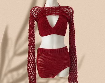 Red Crochet Set (Three-Piece), Digital Pattern including Long Shrug, Miniskirt with slit, and Bralette - Customizable Colour